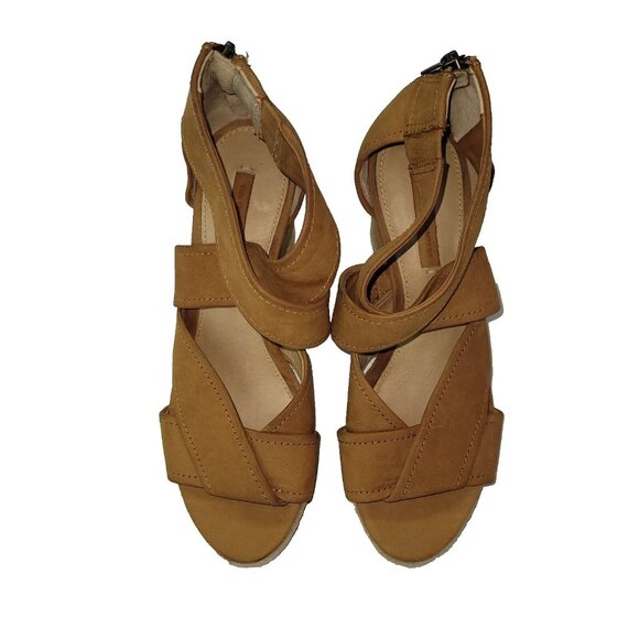 Frye Roberta Strap Wedge Sandal Women 6 Tan Nubuck Criss-Cross Strap Jute Detail - Picture 2 of 14